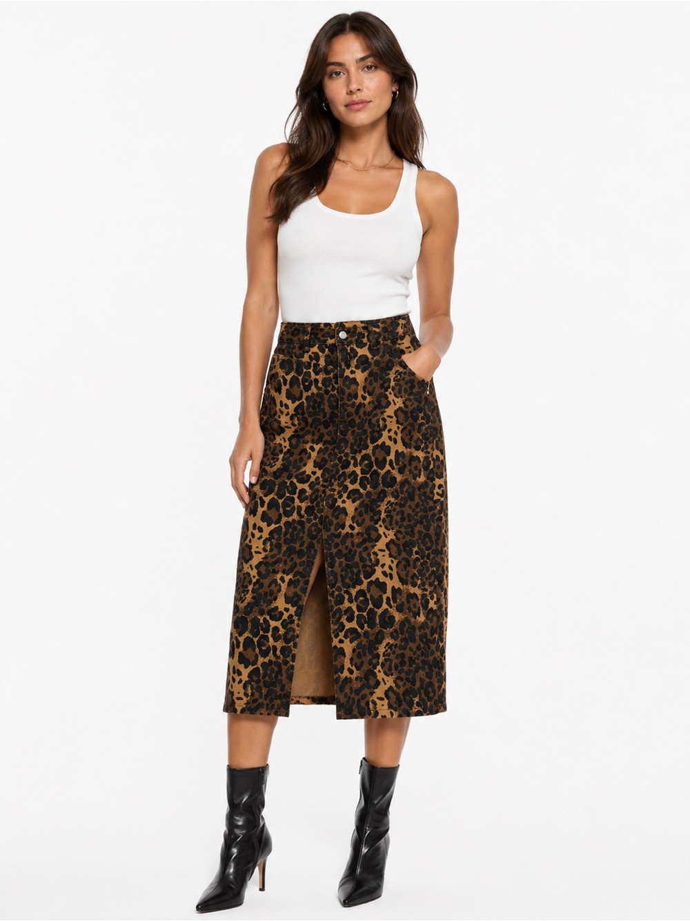FRNCH Paris Leopard Print Midi Skirt High Waist Denim Pencil Skirt